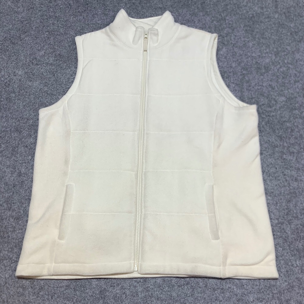 Lands End Women Large Cream White Fleece Full Zip Quilted Mock Neck Vest L 14-16
